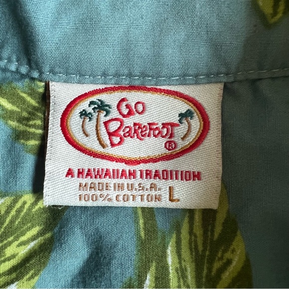 Go Barefoot Button Shirt Hawaiian Floral Print Blue Green USA Made Men Sz Large - Picture 4 of 6